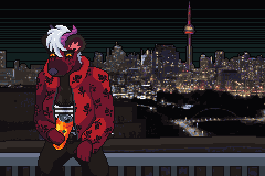Billie Hellgnoll sitting on the roof of her building, mulling a peach tea in front of the Toronto skyline.